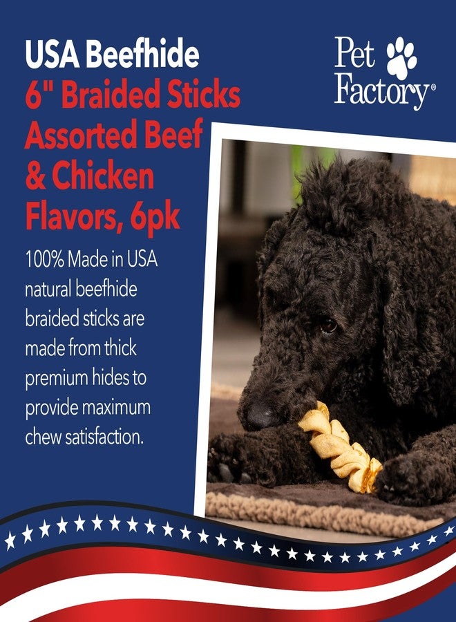Pet Factory 100% USA Made Natural Beefhide Dog Chew Sticks - 6in Braided Dog Rawhide Bones with Beef & Chicken Flavors for Dental Health & Safe Chewing - 6 inches (Pack of 6) - Image 2